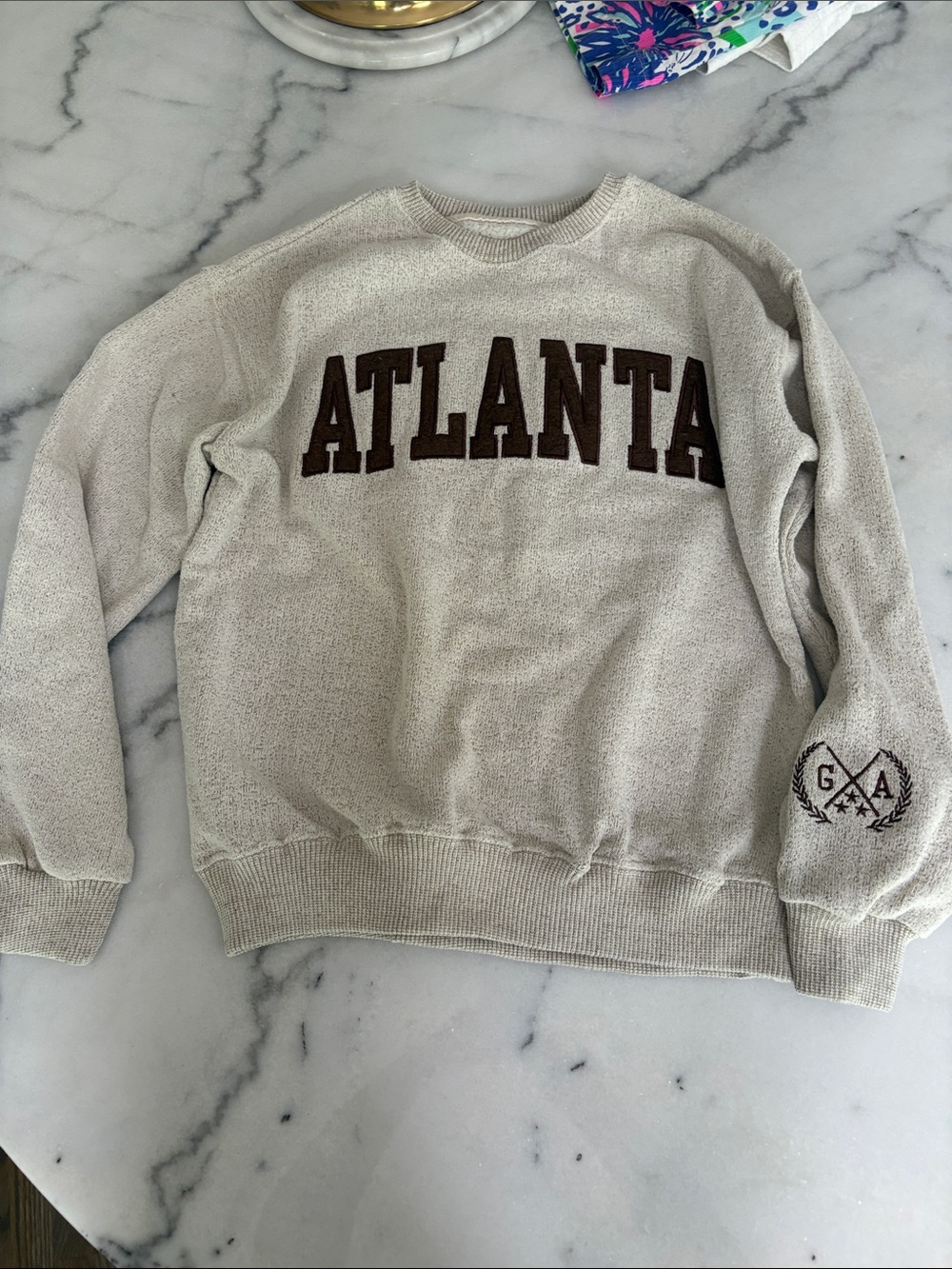 Atlanta Lettered Collegiate Crewneck Sweatshirt Tan Brown Unisex M Women’s M- L